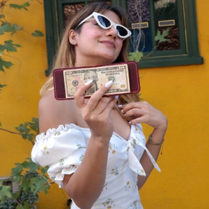Cartera de cuero con clip para billetes con resorte de metal, tarjetero hecho a mano con pátina a lo largo del tiempo, piel de becerro cosida a mano, regalo para el Día del Padre.