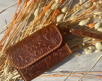 Handmade Carved Leather Wristlet Wallet: Embossed Mini Keychain Bag, Cute Mini Keychain Bag