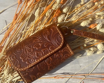 Carved Leather Wristlet Wallet, Full Grain Leather Zippered Wallet with Wrist Strap, Embossed Leather Mini Bag.