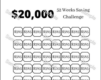 20k 52 Weeks Saving Challenge, 20k In One Year, Budget, Savings Chsllenge, Savings Tracker, Cash Stuffing