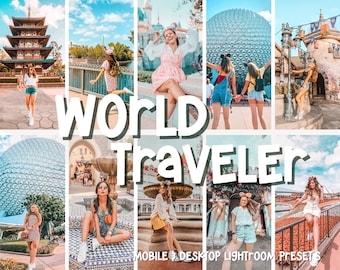 May include: A collage of travel photographs with the text "WORLD TRAVELER" in large white letters. The photos depict various landmarks and people, suggesting a travel theme. The bottom of the image includes the text "MOBILE & DESKTOP LIGHTROOM PRESETS".