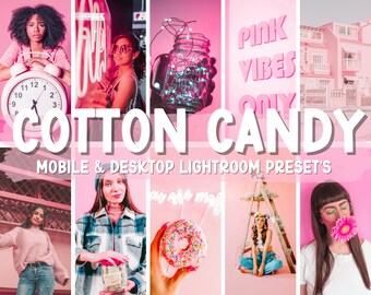 May include: A collage of images featuring a pink theme with the text "COTTON CANDY MOBILE & DESKTOP LIGHTROOM PRESET'S" in white. The images include a pink alarm clock, a pink neon sign, a mason jar with fairy lights, a pink building, a woman wearing a pink shirt, a woman wearing a plaid shirt, a donut with sprinkles, a woman sitting on a ladder, and a woman holding a pink flower.
