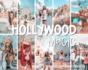 May include: A collage of photos featuring people enjoying a day at a theme park. The photos are edited with a light and airy filter. The text "HOLLYWOOD MAGIC" is superimposed over the photos. The text "MOBILE & DESKTOP LIGHTROOM PRESETS" is at the bottom of the collage.