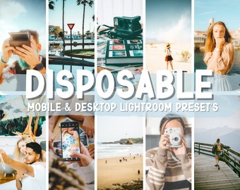 May include: A collage of images featuring people using disposable cameras and a text overlay that reads "DISPOSABLE MOBILE & DESKTOP LIGHTROOM PRESETS".