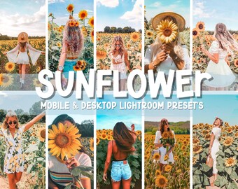 Puede incluir: Un collage de fotos con personas en un campo de girasoles. Las fotos están editadas con un filtro cálido y soleado. El texto "SUNFLOWER MOBILE & DESKTOP LIGHTROOM PRESET'S" se muestra en la parte inferior del collage.