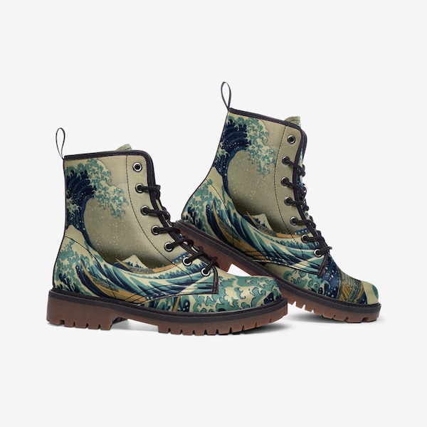 Women's Boots - The Great Wave off kanagawa - Hokusai- Lace up Mid Calf Vegan Boots with Rubber Sole – ukiyo-e Fine Art