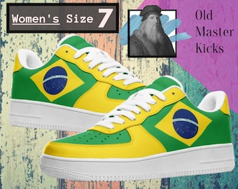 Brazil Flag Shoes (A Auriverde Verde e amarela) Women's Size 7 Low Top Brazilian flag print, vegan Leather Sneakers