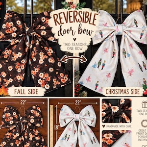 Reversible Fall Christmas Door Bow | Pumpkin Sunflower & Santa Nutcracker (22"x18")