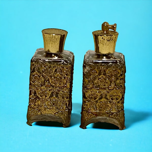 Set of 2 Capricious 1950's Perfume Bottles, Gold Filigree Ormolu Hollywood Regency Footed