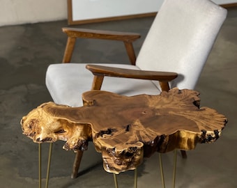 May include: A natural wood coffee table with a live edge top and gold hairpin legs. The table is sitting in front of a white chair with wooden arms.