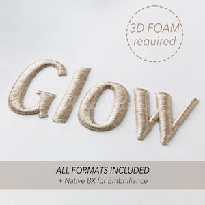 Glow 3D Puff Foam Embroidery font; Sans Serif Alphabet; Satin Stitch BX format; Instant Download Files 7 Bx Sizes PES, DST + 6 Formats
