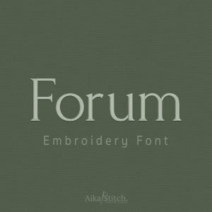 May include: A digital graphic featuring the word Forum in a large, light-colored serif font with an embroidered texture effect, centered on a solid dark olive green background. Below, the text Embroidery Font appears in a smaller sans-serif typeface, with the AikaStitch logo at the bottom.