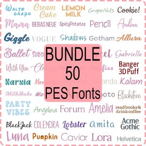 Bundle 50 PES Format Only Modern Script Handwriting Embroidery Font, Satin Stitch Alphabet Machine Embroidery Digital Font Download