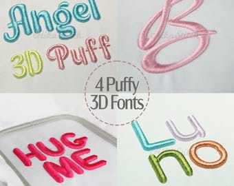Op de afbeelding: Vier voorbeelden van 3D-lettertypen in verschillende kleuren. Het woord "Angel" is in teal, "3D Puff" in roze en geel, "HUG ME" in rood en "Luno" in teal, paars, groen en oranje. De tekst "4 Puffy 3D Fonts" staat in een cirkel.