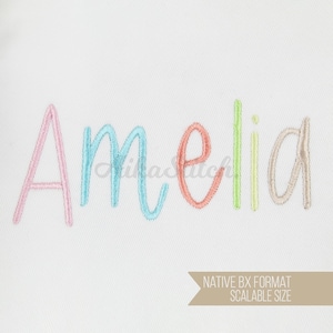 Amelia Modern Sans Cursive Native BX Scalable Embroidery Font, Satin Stitch Alphabet Pes Dst Vp3 Jef Exp, Xxx, Hus, Digital File Download