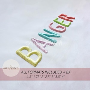 May include: Embroidered word "BANGER" in pastel colors on a white background. The letters are in a 3D style. The text "ALL FORMATS INCLUDED + BX" and sizes from 1.5" to 4" are displayed below the word.