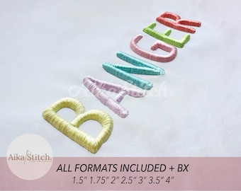 May include: Embroidered word "BANGER" in pastel colors on a white background. The letters are in a 3D style. The text "ALL FORMATS INCLUDED + BX" and sizes from 1.5" to 4" are displayed below the word.