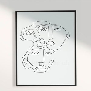 Abstract faces line drawing, three abstract faces wall art, modern simple black and white line art, Picasso inspired art print,