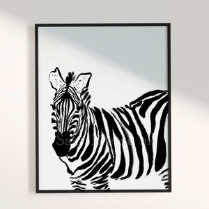Zebra black and white art, zebra modern animal poster, zebra original digitally hand drawn art poster print, zebra gift