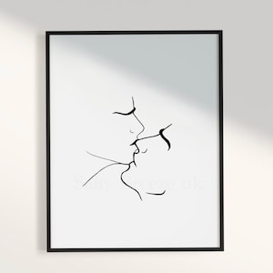 Couple kissing line drawing, romantic Line Art, Black and White Print, Anniversary gift