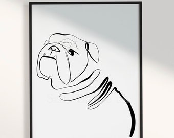 Bulldog print, bulldog art, bulldog gifts, black and white, bulldog line art, bulldog poster
