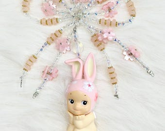 Handcrafted Angel Doll–Inspired Keychain –Cherry Blossom Theme – Crystal Beaded Bow Charm