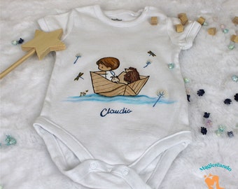 Hand-painted baby girl underwear body. Little girl with flute. Baby boat Birth gift, newborn kit, baby shower