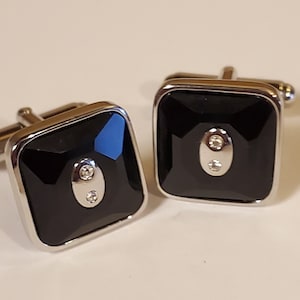 Swarovski Cufflinks: Square Black Crystal, Silver Tone