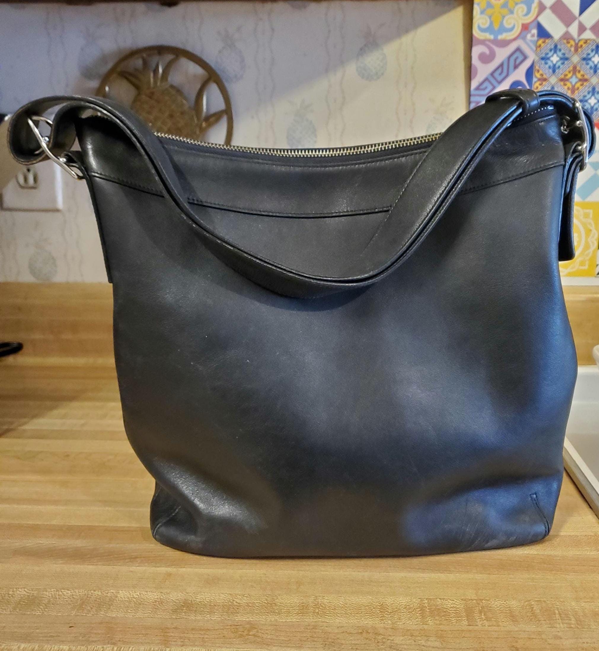 Coach Black Leather Shoulder Bag: Silver Hardware, Khaki