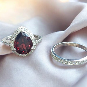 Natural Garnet Ring, Pear Cut Engagement Ring, Sterling Silver, January Birthstone Ring, Ring Sets