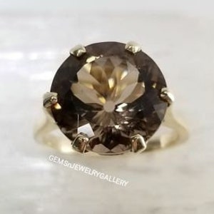Natural Smokey Quartz Ring, Brown Round Cut Gemstone, Solid Silver Ring, 13MM Round, Anniversary Ring