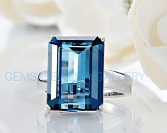 Large Genuine London Blue Topaz Ring, Solid Silver Ring, 12×16MM Emerald Cut Gemstone, Anniversary Ring