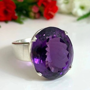 Enorme anel de ametista natural, prata maciça, pedra preciosa com corte oval 16 × 21 mm, ametista roxa, anel de aniversário