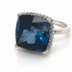 Large Natural London Blue Topaz Ring, Sterling Silver, 12×12MM Cushion Cut Gemstone, Anniversary Ring