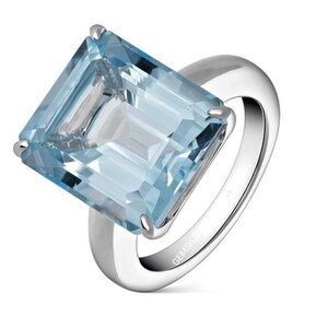 Large Natural Blue Topaz Ring, Solid Silver, 12×14MM Emerald Cut Gemstone, Anniversary Ring