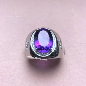 Anel masculino de prata maciça pesada, ametista natural, pedra preciosa com corte oval 12 × 16 mm, anel de aniversário