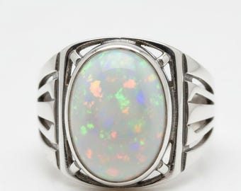 13×18 MM Oval White Opal Ring Sterling Silver Cluster Ring, Vintage Style Anniversary Ring