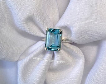 Natural Blue Topaz Ring, Solid Silver Hand Made ring, 12×16MM Emerald Cut Gem Ring, Anniversary Ring