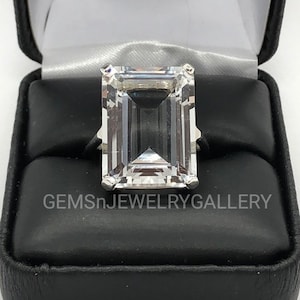 Very Large Natural Crystal Quartz Ring, Solid Silver Ring, 15×20MM Emerald Cut Gemstone, Anniversary Ring