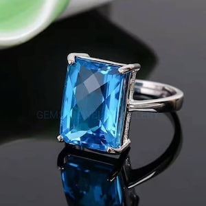Natural Swiss Blue Topaz Ring, Solid Silver, 10×14MM Emerald Cut Chaker Board Gemstone, Blue Stone Anniversary Ring