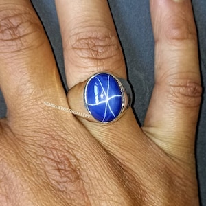 Lindy Blue Star Sapphire Men&#39;s Ring, Heavy Sterling Silver Ring, Oval And Round Cabochon Ring, Anniversary Ring