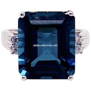 Natural London Blue Topaz Ring, Solid Silver, 10×12MM Emerald Cut Gemstone, Anniversary Ring