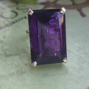 66.50 Carats Huge Natural Amethyst Ring, Solid Silver, 20×30MM Emerald Cut Gemstone, Anniversary Ring