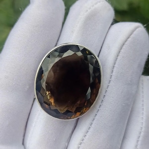 Huge Natural Smokey Quartz Ring,Solid Silver,23×28 MM Oval Cut Gemstone Anniversary Ring