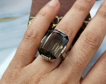 Anello di quarzo affumicato naturale molto grande, pietra preziosa taglio smeraldo, anello di pietre preziose, anello in argento massiccio, pietra preziosa 16×21MM, anello anniversario