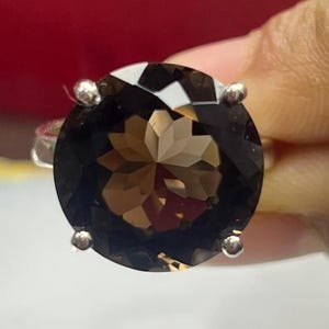 Large Natural Smokey Quartz Ring,16×16 MM Round Cut Gemstone Sterling Silver Anniversary Ring