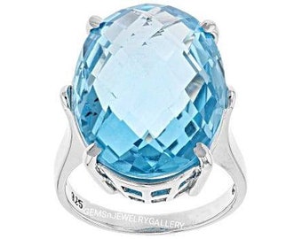 Very Large Natural Blue Topaz Ring, Solid Silver Ring, 15×20MM Oval Chaker Board Gemstone, Blue Topaz, Anniversary Ring