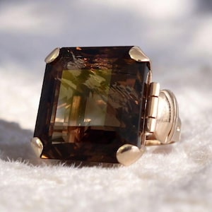 Huge Natural Brown Smokey Quartz Ring, Solid Silver 18×18MM Square Cut Gemstone, Anniversary Ring