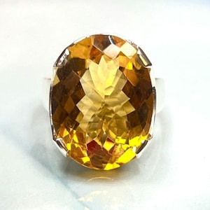 Heavy Silver Natural Large Citrine Ring,Solid Silver,15×20 MM Oval Cut Chaker Board Gemstone Women&#39;s Ring