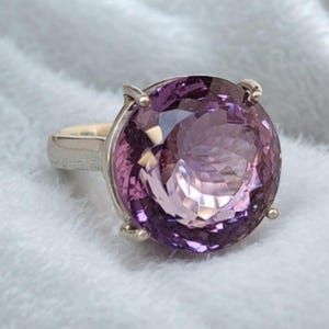 Anel de Ametista Natural, Anel de Prata Maciça, Anel Grande de Ametista com Pedra Preciosa Redonda, Pedra de Nascimento de Fevereiro, Anel de Pedra Preciosa Redonda de 16×16 MM,